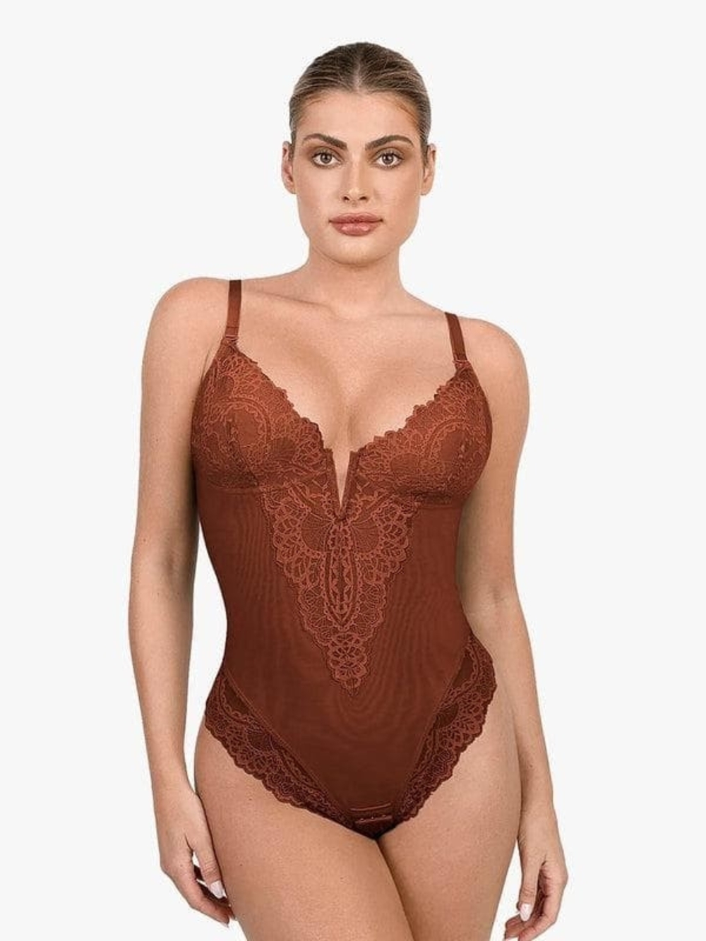 Sculpting Lace-Trim Brown Bodysuit